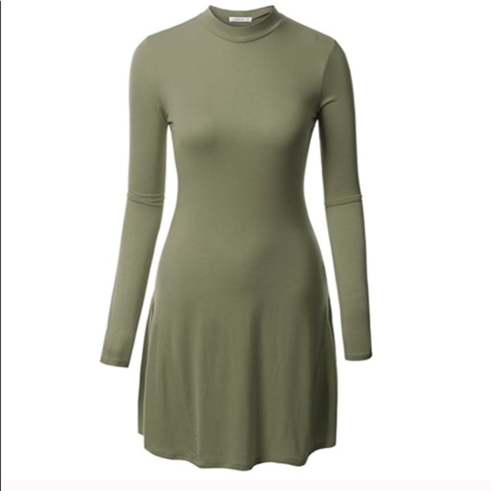 Long sleeve mock neck dress with flare hem